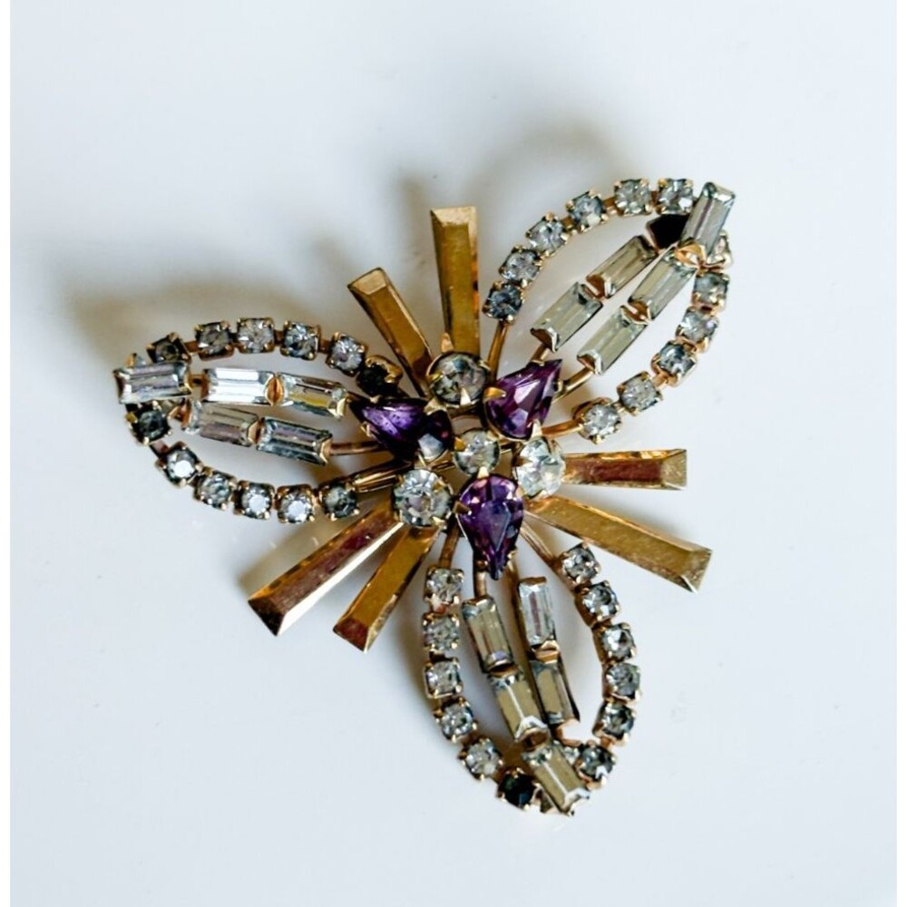 Vintage B David Purple Rhinestone Brooch Signed Gold Tone Baguette Starburst Pin
